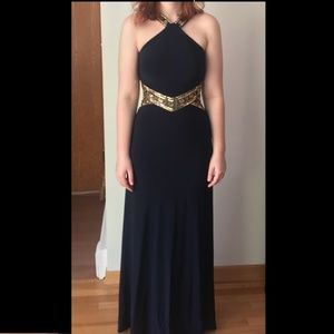Dark Blue Prom Dress with Gold Sequins